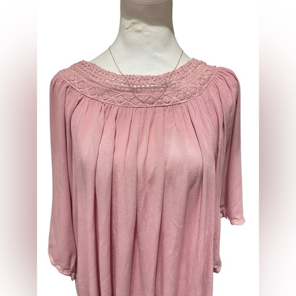 Romantic Blush Pink 1X Flowy Tunic – Cottagecore Smocked Neck & Floral Hem - Picture 2 of 7